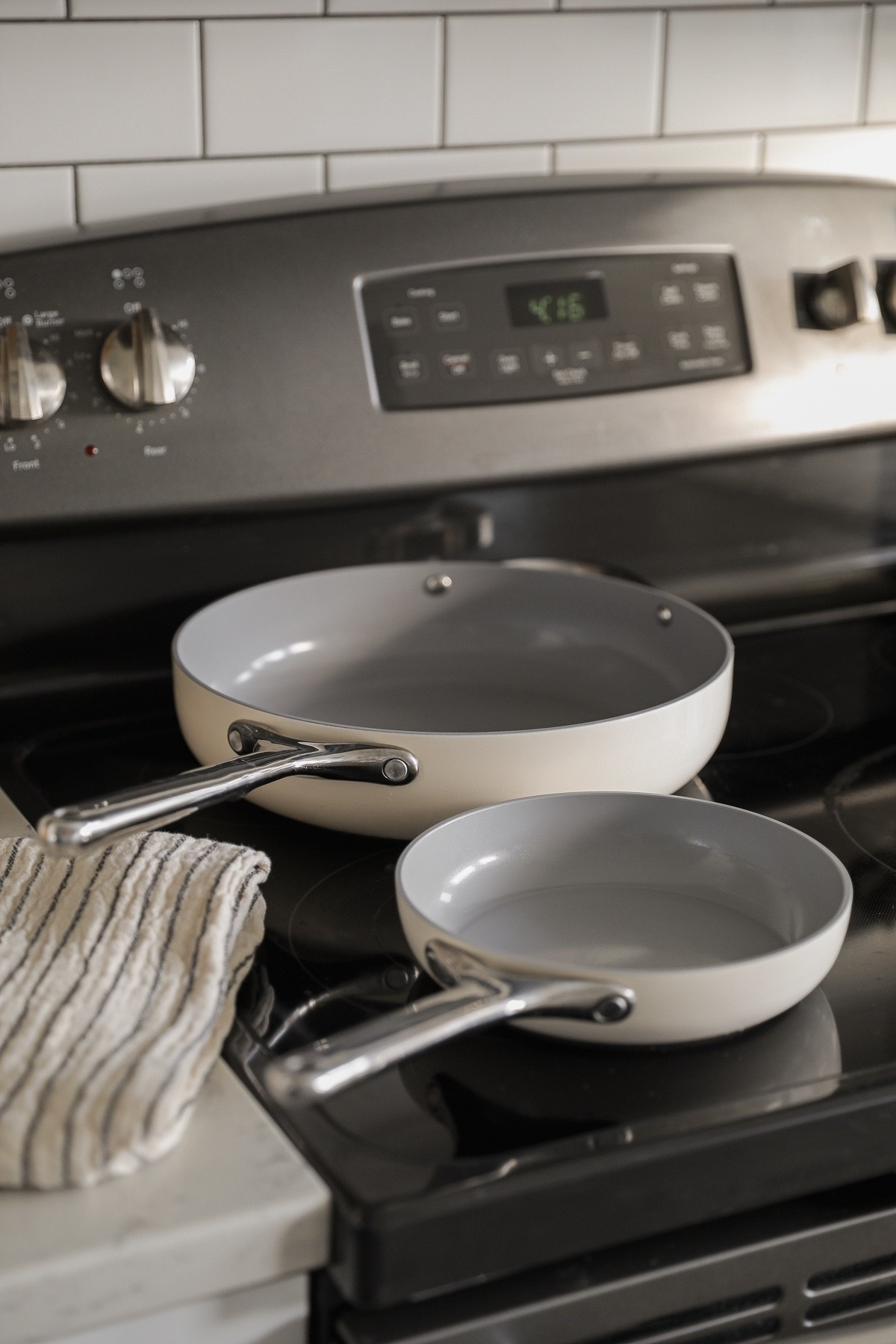 If you only make one change in your kitchen, this is the one I’d start with.

Traditional non-stick cookware is often made with PFAS (sometimes called “forever chemicals”), which can break down over time, especially when exposed to high heat or scratches. That breakdown can transfer to your food and has been linked to hormone disruption and other long-term health concerns. Once I understood that, continuing to cook with my old, worn non-stick pans just didn’t sit right with me.

I switched to ceramic-coated cookware, specifically Caraway brand, and I’ve been really happy with it. Food cooks evenly, nothing sticks, and cleanup is genuinely easy. I use the mini fry pan almost daily for eggs, and their saute pan is the perfect size for dinners. They perform better than any non-stick pan I’ve owned, without the chemical concerns, and bonus – they look beautiful in my kitchen too.

They’re hand wash only, but I’ve never put cookware in the dishwasher anyway, so that wasn’t a drawback for me. If you’re starting from scratch, the 12- or 16-piece cookware set can save money and comes with storage that keeps everything organized. Or you can build your collection slowly like I did, adding one piece at a time for birthdays or holidays.

One thing worth noting is that ceramic-coated pans are best used over low to medium heat, which honestly covers the majority of everyday cooking. But if I’m doing a high-heat sear on a steak or something similar, I’ll reach for a stainless steel pan instead.

#LTKHome