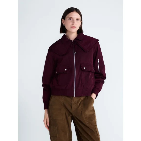 Free Assembly Women's and Women's Plus Ruffle Collar Bomber Jacket, Sizes XS-4X | Walmart (US)