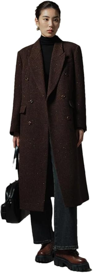 Women's Winter Retro Dark Brown Double-Breasted Long Lapel Woolen Coat | Amazon (US)