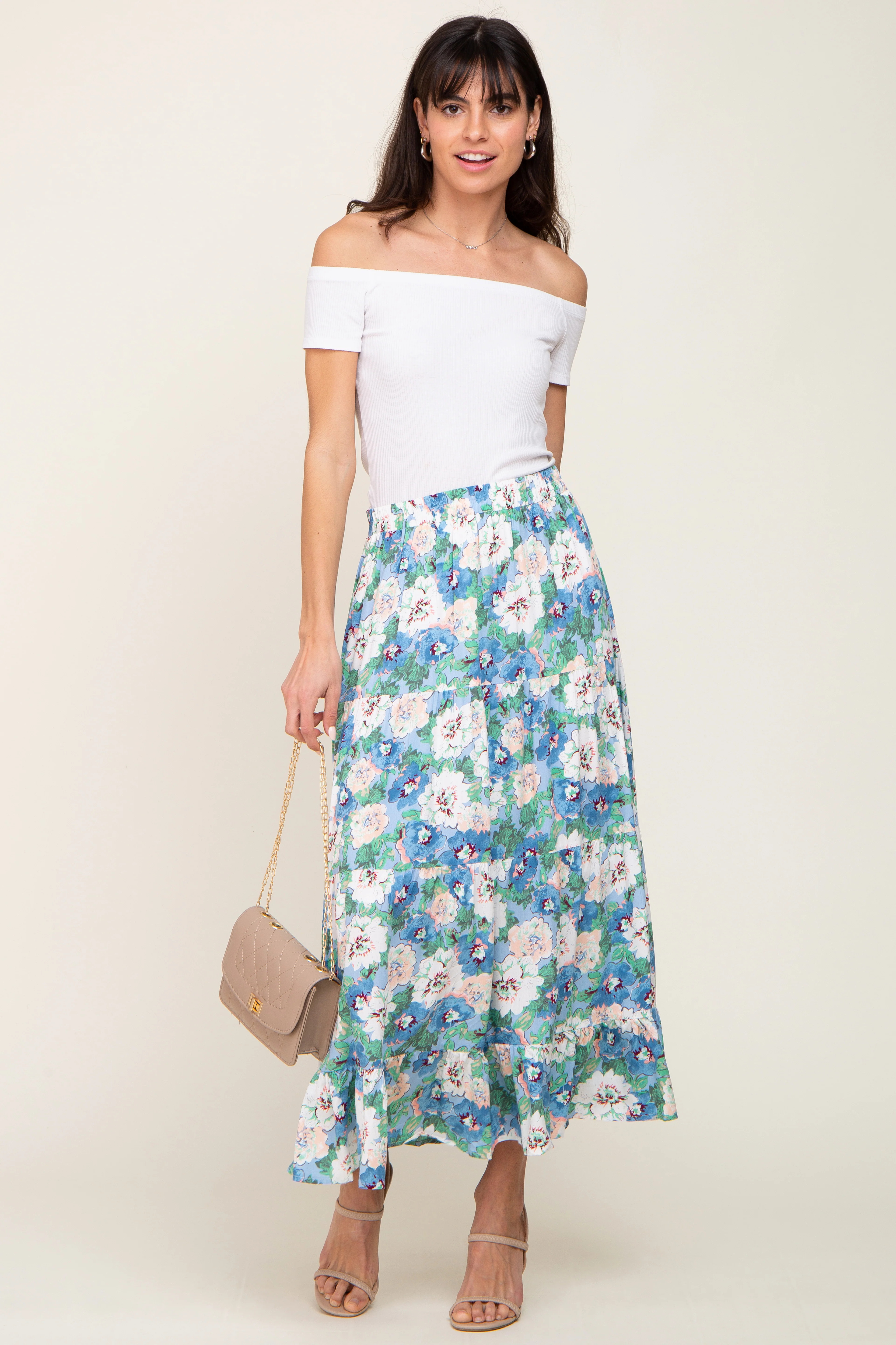 Blue Floral Tiered Maxi Skirt | PinkBlush Maternity