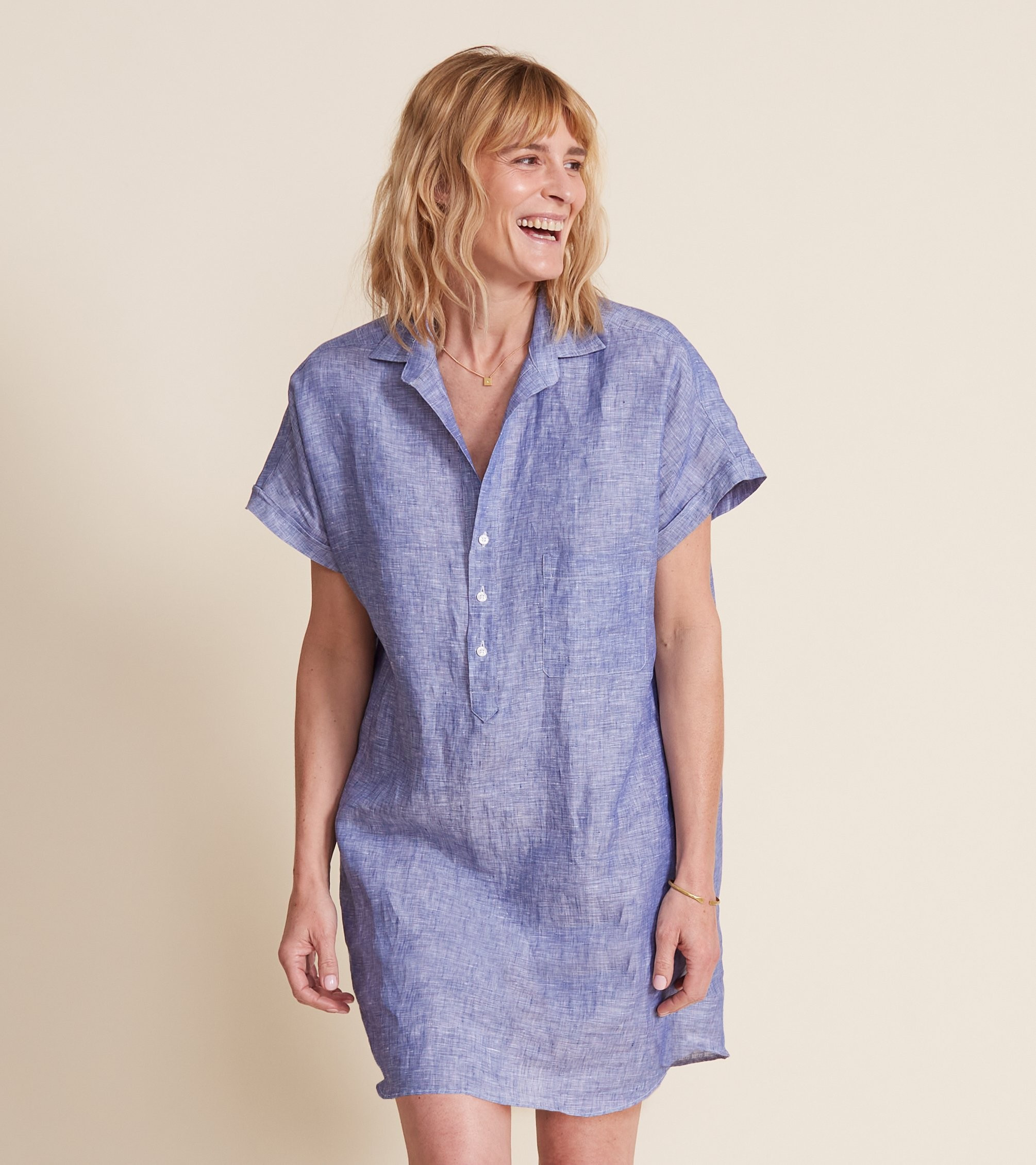 The Artist Short Sleeve Dress Dark Blue, Tumbled Linen | Grayson