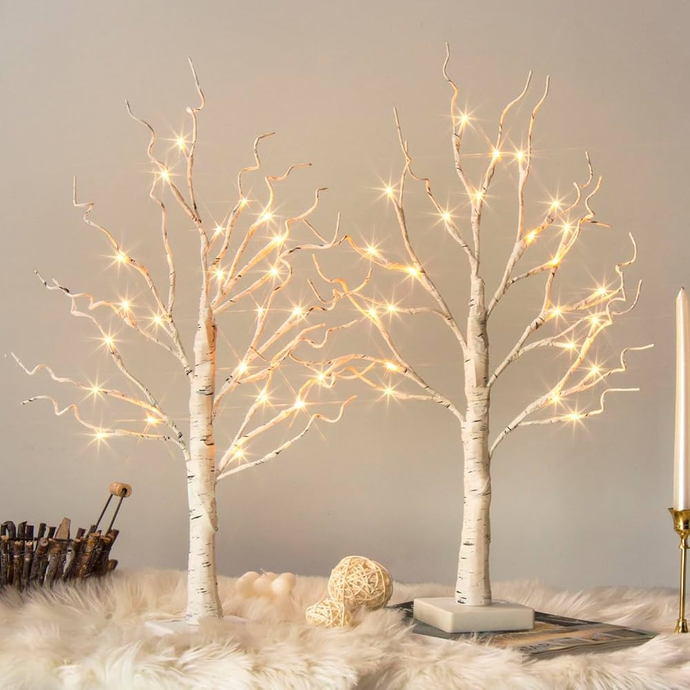 Vanthylit Tabletop Christmas Tree, White Birch Tree with LED Lights- Set of 2, Warm White Small T... | Amazon (US)