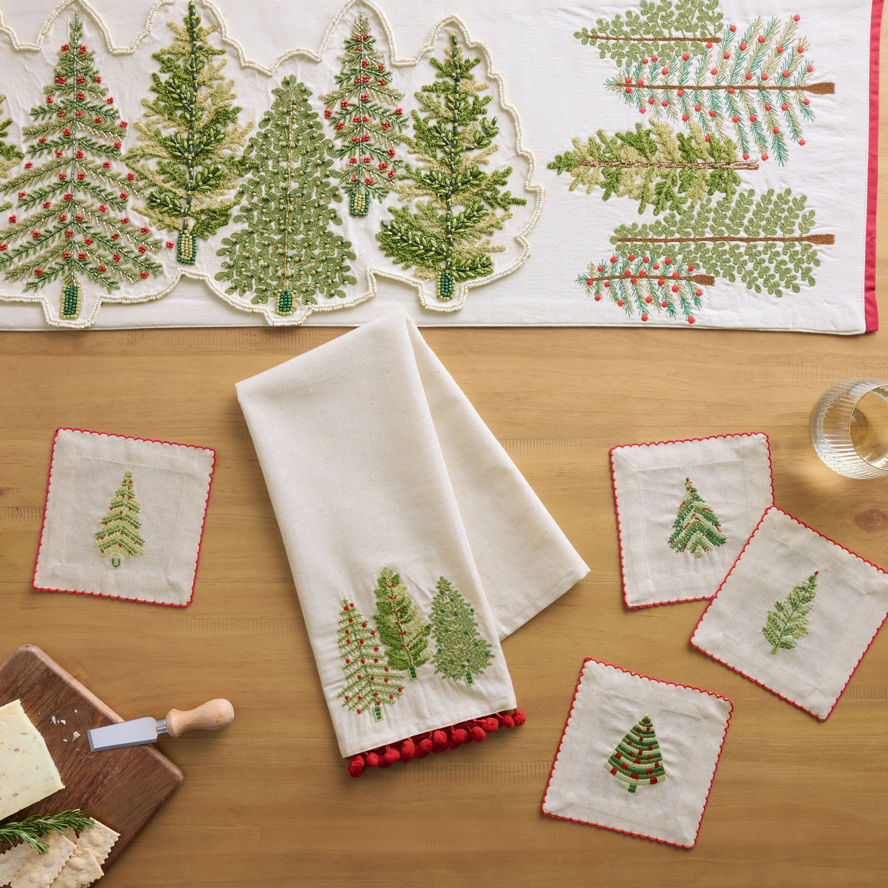 Natural Evergreen Trees Embroidered Table Linen Collection | World Market