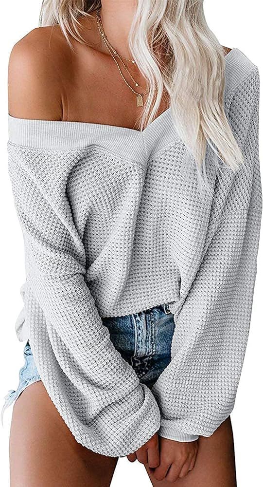 ReachMe Womens Oversized Off The Shoulder Tops Long Sleeve Waffle Knit Shirt V Neck Pullover Swea... | Amazon (US)