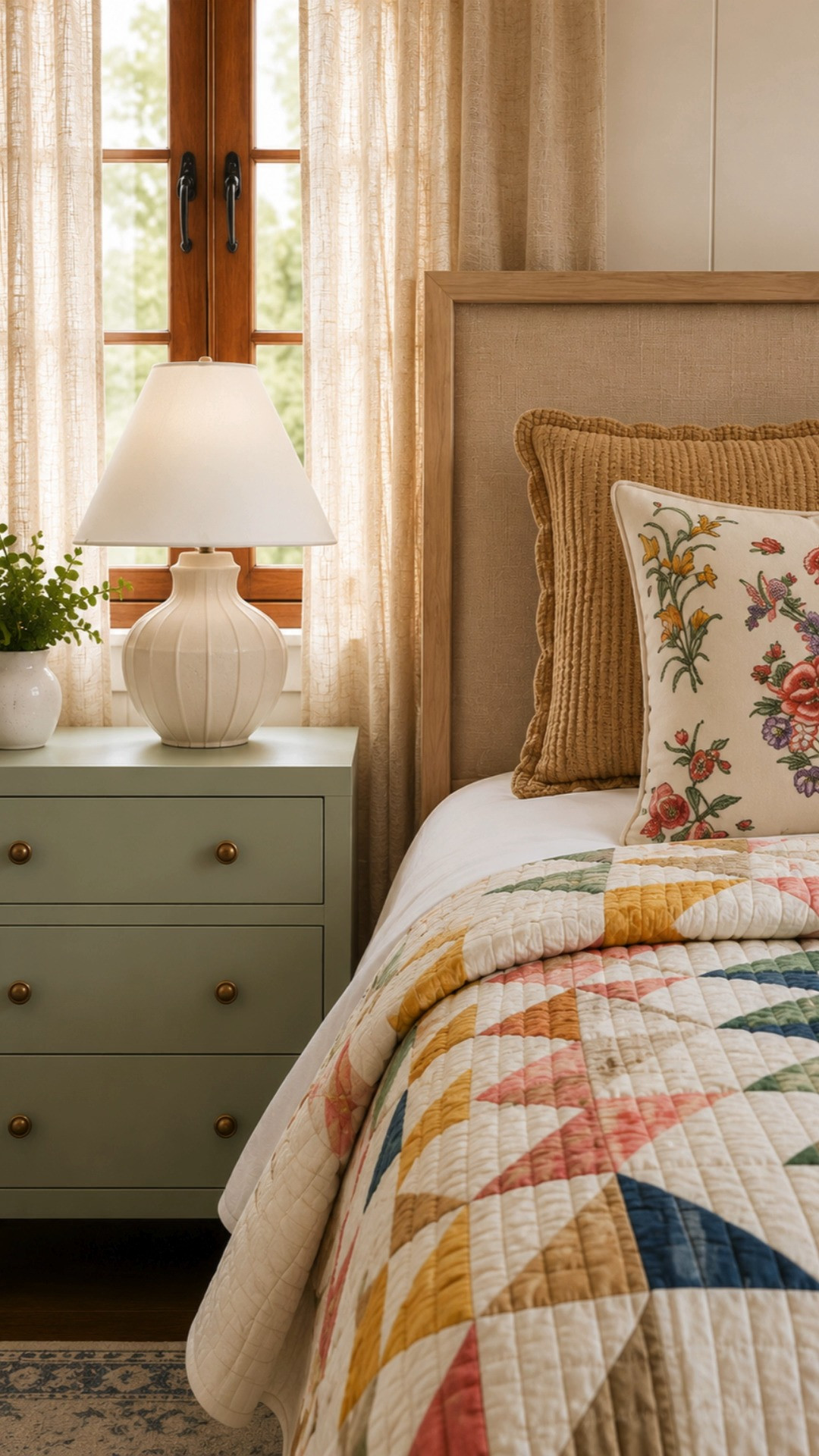 The magic is in the details. The patchwork quilt from Lands' End brings color and personality, while the Quince linen curtains soften the light and the Pottery Barn bed anchors the room with timeless style. These are the pieces that make a bedroom feel lived in, loved, and worth coming back to. 

 #LTKHome