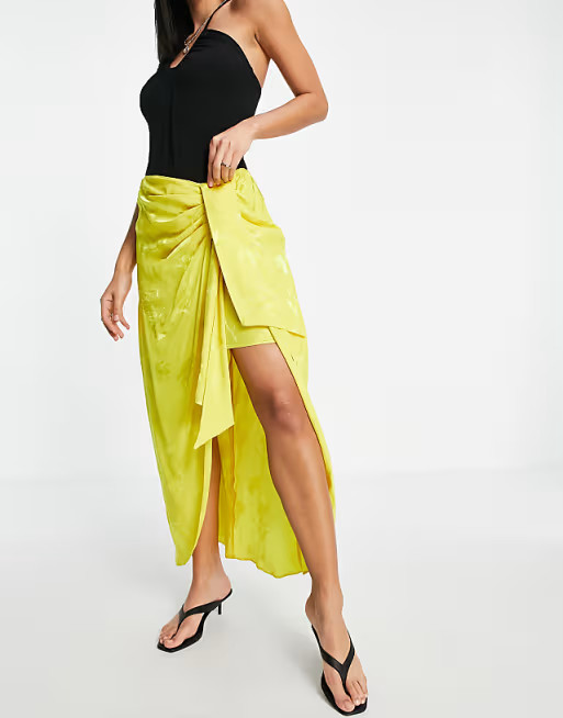 River Island floral satin jacquard knot front maxi skirt in yellow | ASOS (Global)
