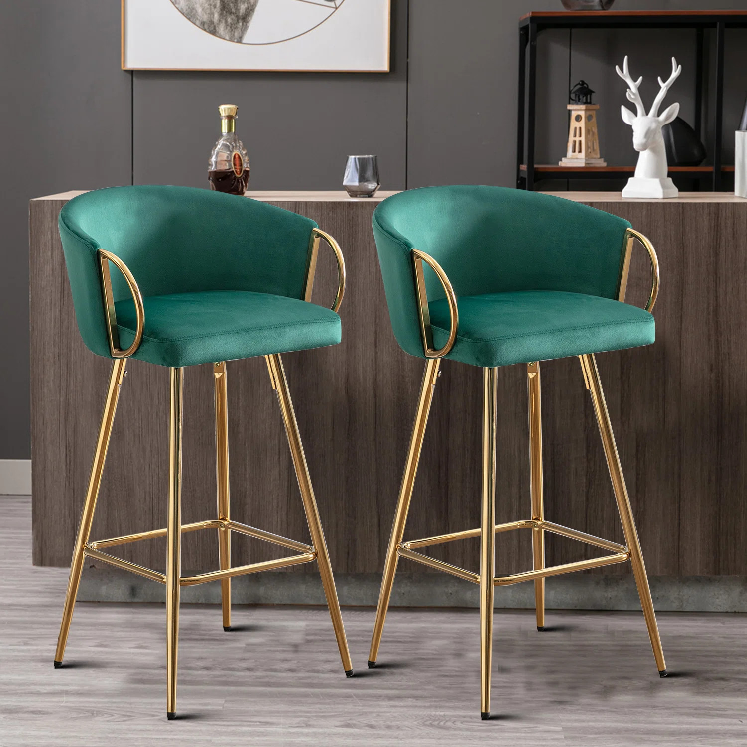Everly Quinn Velvet Barstool Two-piece Set with Metal Armrests and Rectangular Footrest - Wayfair... | Wayfair North America