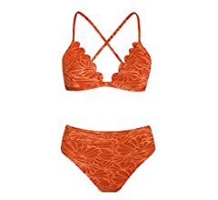 CUPSHE Bikini Set for Women Bathing Suit High Waisted Scalloped V Neck Two Pieces Swimsuit | Amazon (US)
