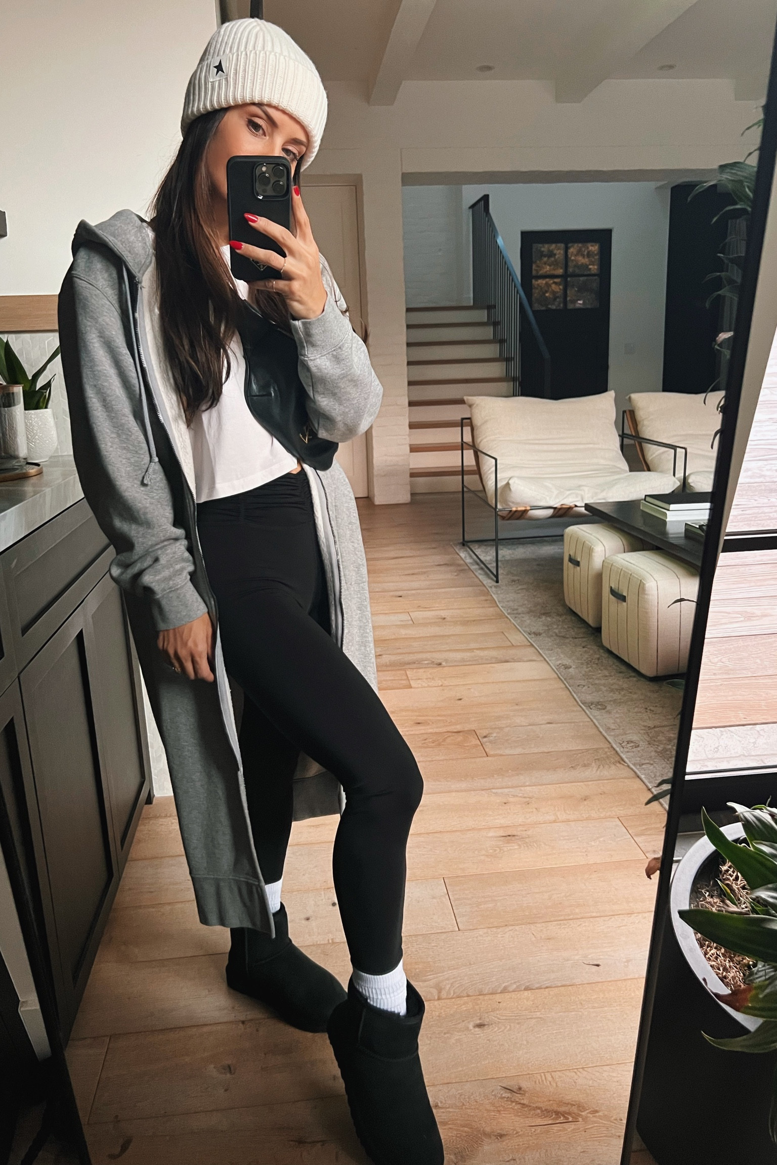 Carpool attire on this rainy SoCal day- this long hooded sweatshirt is super comfy and back in stock - paired it with leggings and Uggs 

#LTKunder100 #LTKshoecrush #LTKstyletip