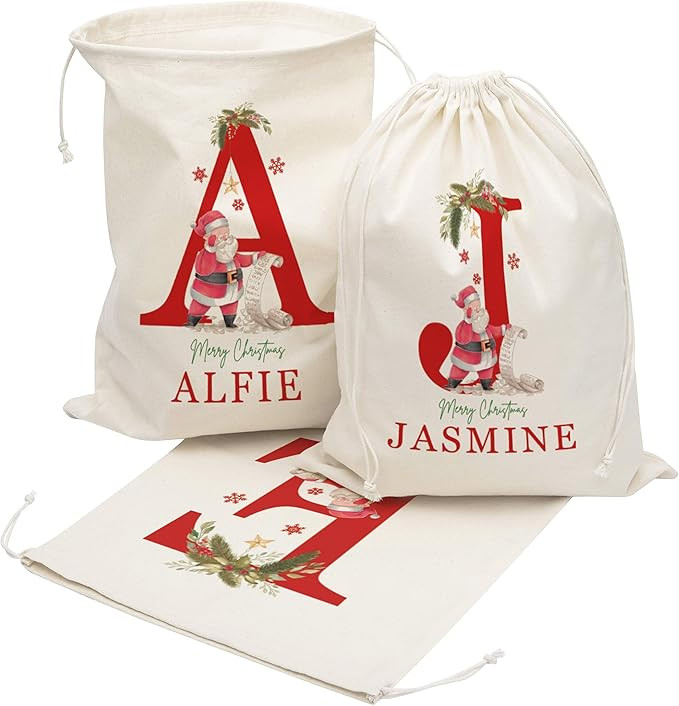Set of 3 - Personalized Santa Sack with Initial & Name for Kids Custom Christmas Gift Bags for Ho... | Amazon (US)