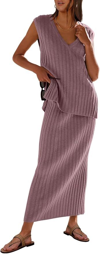 ANRABESS Women's 2 Piece Outfits Summer Sweater Skirt Sets Casual Sleeveless V Neck Ribbed Vest K... | Amazon (US)