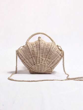 Shell-Shaped Chain Small Messenger Bag Portable Beach Vacation Straw Bag | SHEIN