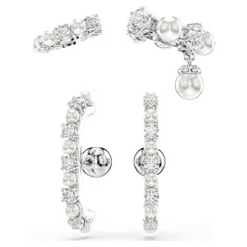 Matrix ear cuff, Set (3), Crystal pearl, Round cut, White, Rhodium plated by SWAROVSKI | SWAROVSKI