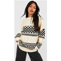 Womens Oversized Cable Jacquard Knit Sweater - Cream - Xs | boohoo (US & Canada)