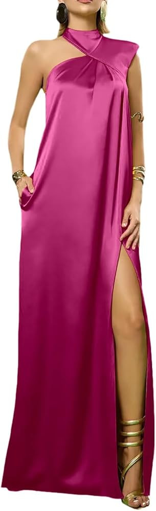 One Shoulder ball gown Floor Prom Dresses Silk Satin Evening Gowns Pleated Slit Party Dresses | Amazon (US)