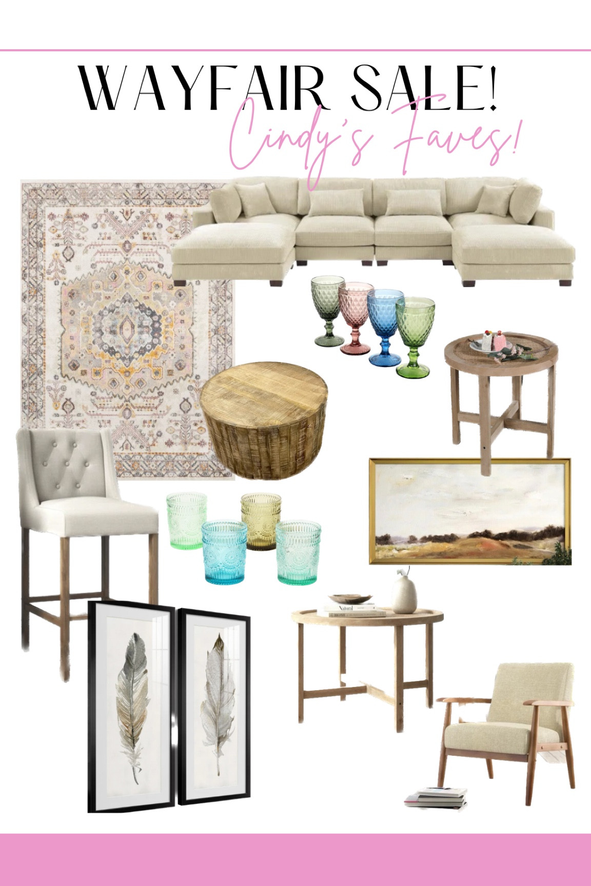 Wayfair sale! 

Couch 
Rug 
Table 
picture 
Decor 
End table 
Glasses 
Bar stools 
Seating 

#LTKsalealert #LTKhome #LTKFind