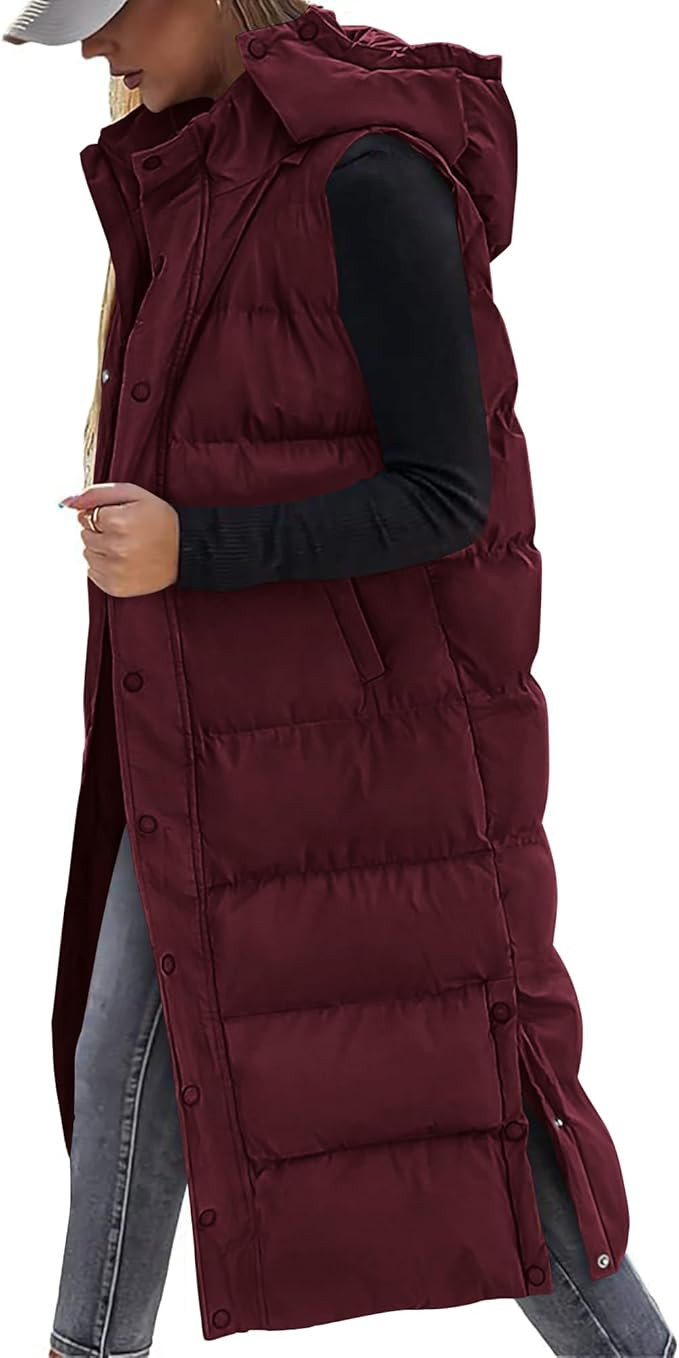 BTFBM Long Puffer Vest Women Quilted Hooded Button Down Zip Up Sleeveless Vests Outerwear Padded ... | Amazon (US)