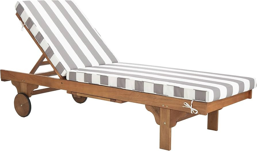 SAFAVIEH Outdoor Collection Newport Natural/ Grey & White Stripe Cushion Built-in Side Table Adju... | Amazon (US)