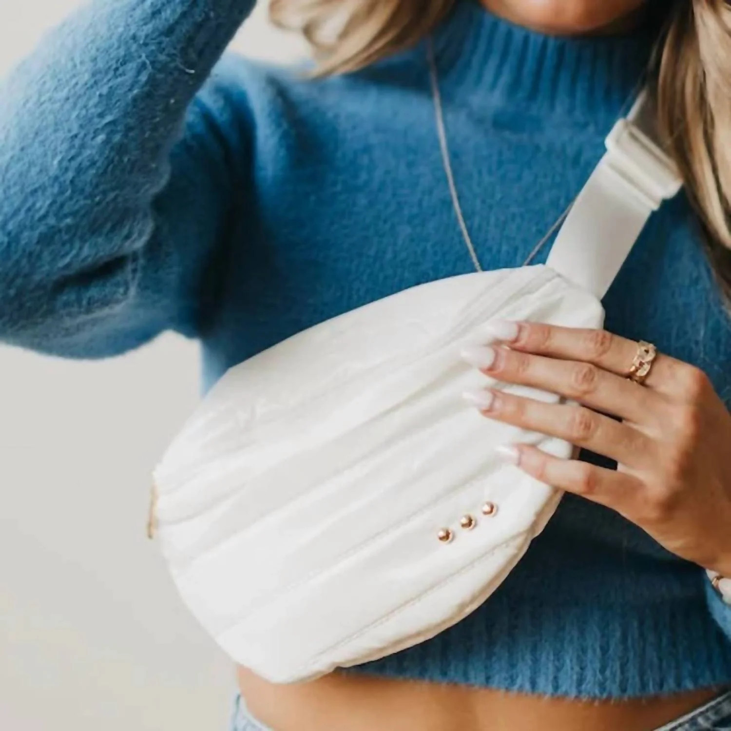 Women's Shiny Quilted Puffer Bum Sling Crossbody Bag In White | Shop Simon