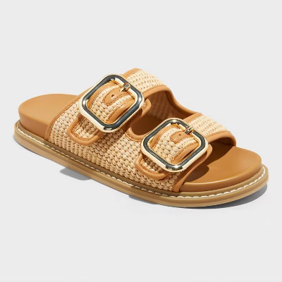 Women's Collin Double Buckle Footbed Sandals - Universal Thread™ Tan 9: Slip On, Contoured Footbed | Target