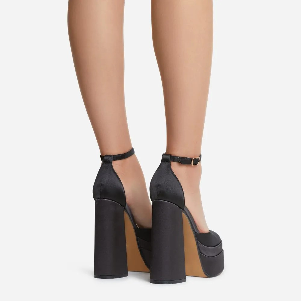 Happer Closed Toe Statement Platform Block Heel In Black Satin | EGO Shoes (US & Canada)