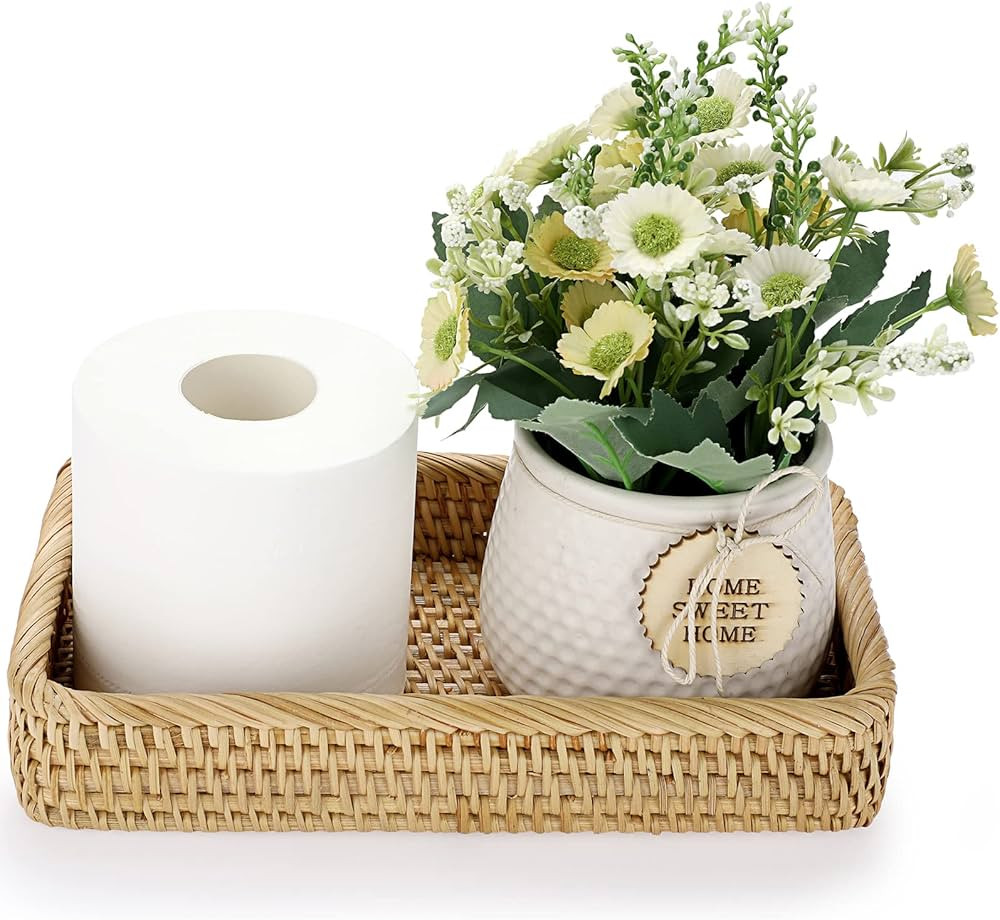 Sumnacon 10 Inch Rattan Bathroom Vanity Tray - Decorative Wicker Toilet Tank Tray for Paper Hand ... | Amazon (US)
