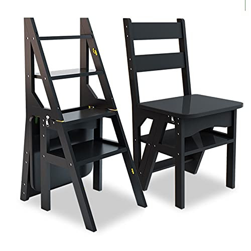 LIEHD 4 Tier Folding Step Ladder, Convertible Multi-Functional 3-in-1 Wood Ladder Chair, 265 lbs Capacity Display Ladder and Storage Shelf for Library, Home Kitchen (Black), 37.5x35x90cm | Amazon (US)