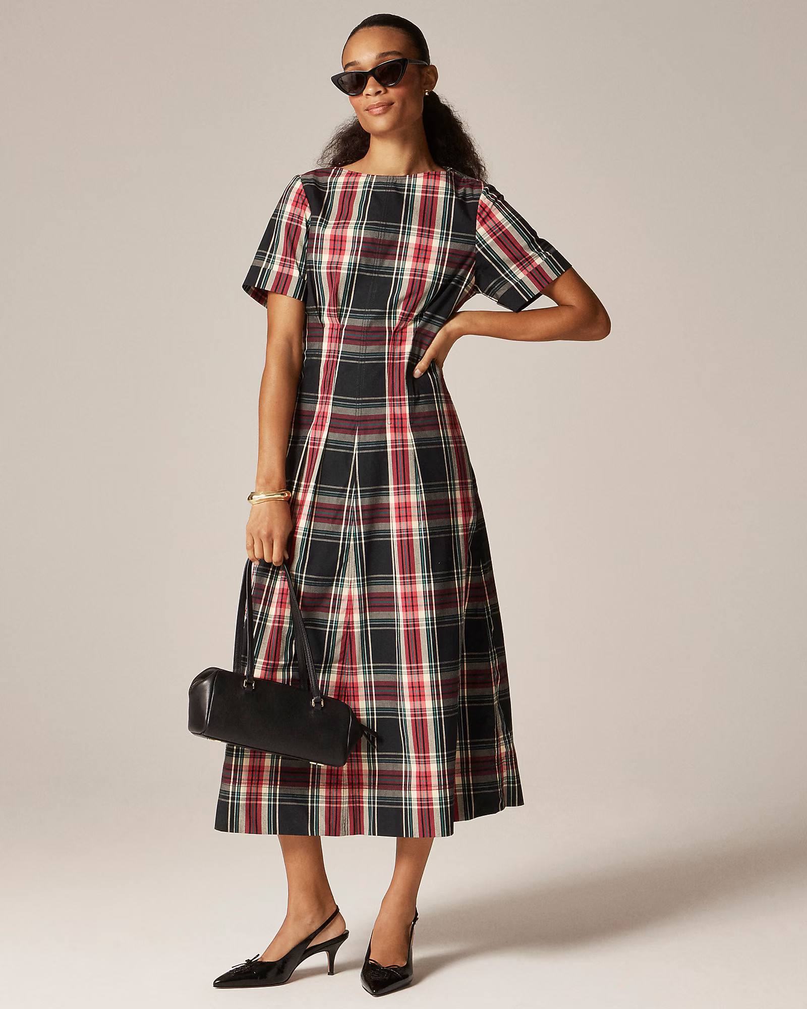 Short-sleeve midi dress in tartan cotton blend | J. Crew US
