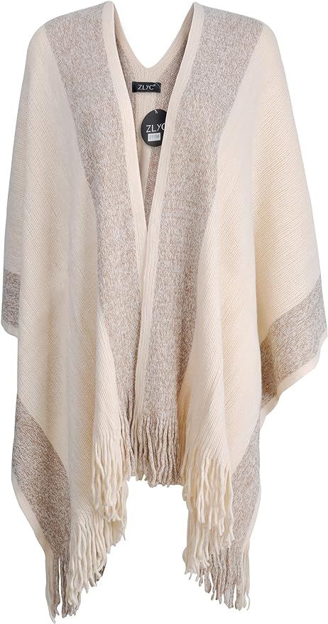 ZLYC Women's Shawl Golden Trim Knit Blanket Wrap Fringe Poncho Coat Cardigan | Amazon (US)