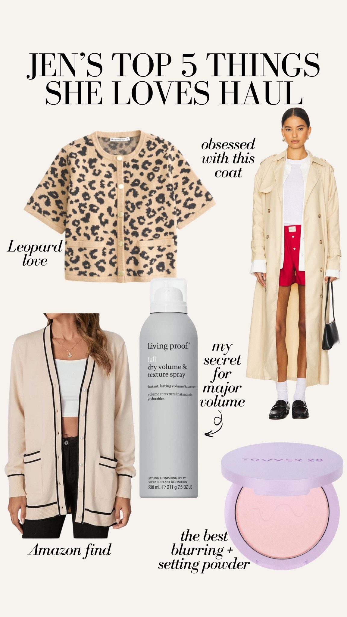 5 things I love weekly haul!! Leopard cardigan, trench coat, Amazon cardigan, living proof texture spray, setting powderr

#LTKStyleTip #LTKBeauty #LTKFindsUnder100