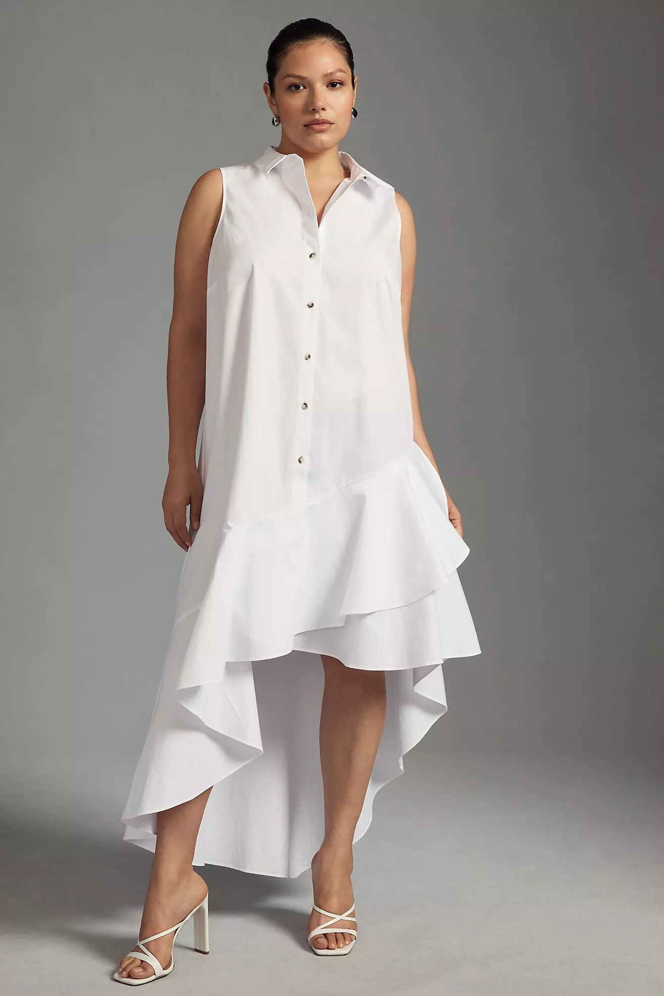 By Anthropologie Sleeveless Buttondown Asymmetrical Ruffle-Hem Dress | Anthropologie (US)