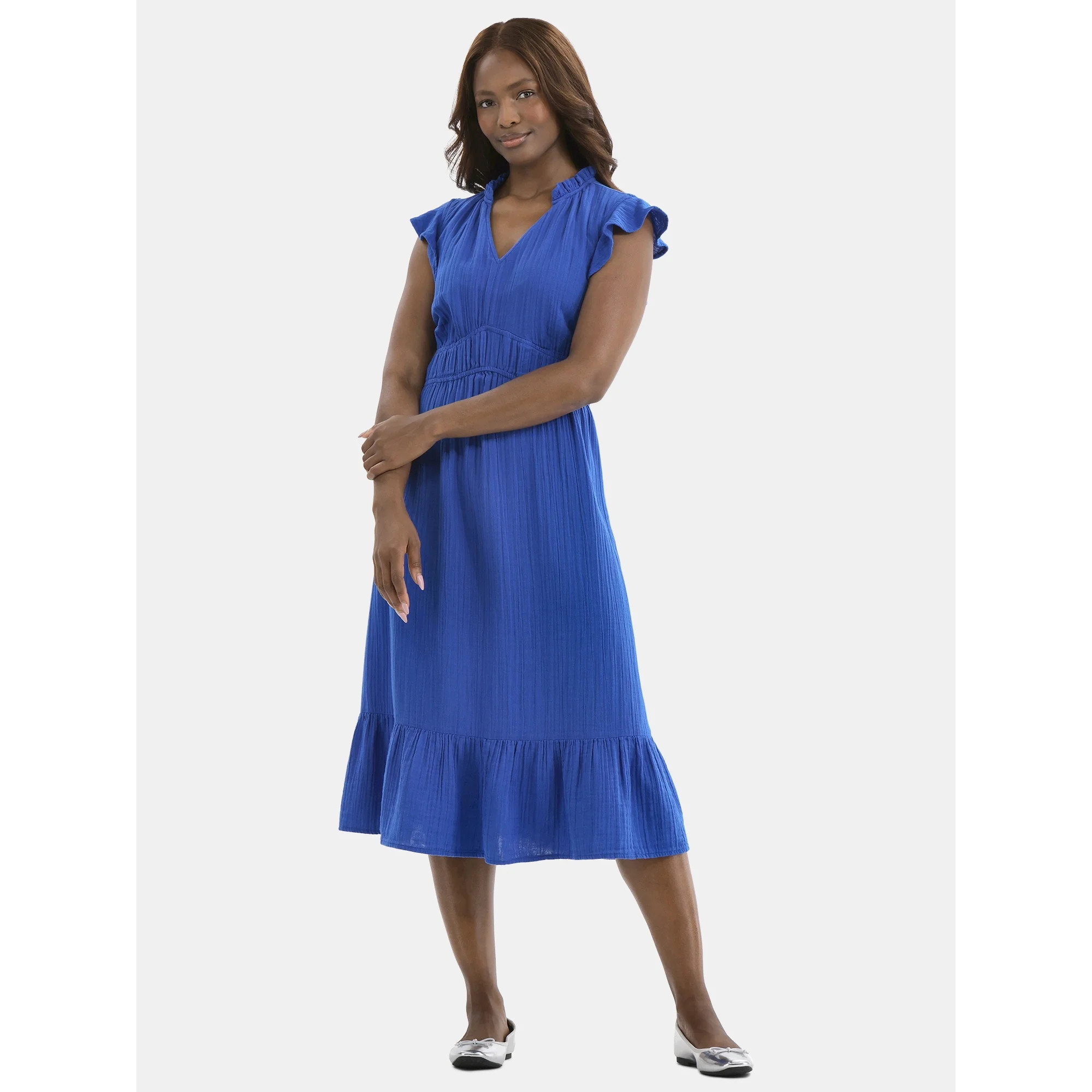 Time and Tru Women's Double Cloth Cotton Midi Dress with Flutter Sleeves, Sizes XS-XXXL | Walmart (US)