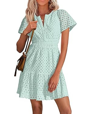 PRETTYGARDEN Women's 2026 Summer Mini Dress Short Sleeve V Neck A Line Hollow Out Lace Ruffle Cut... | Amazon (CA)