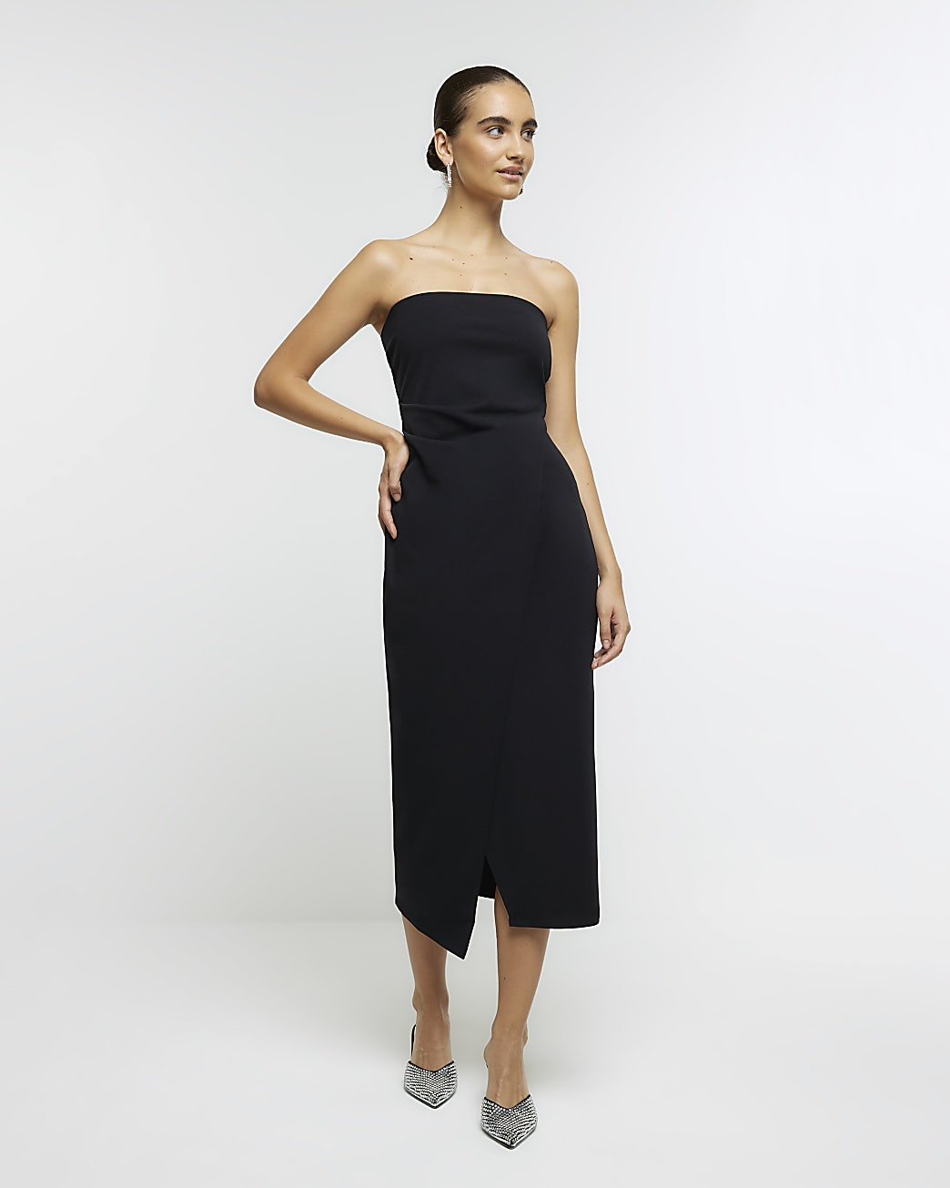 Black bandeau wrap midi dress | River Island (US)