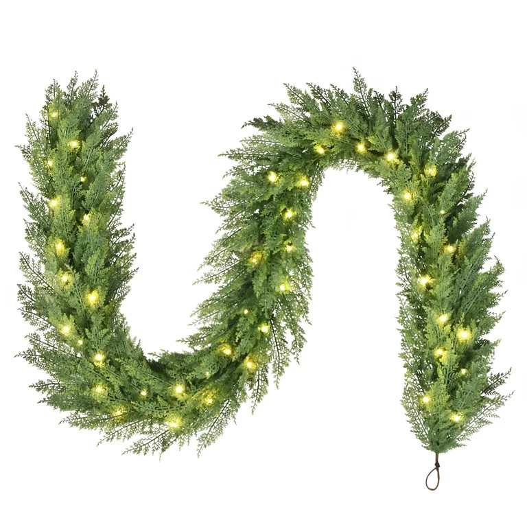 My Texas House Cypress Pre-Lit Warm White LED Artificial Christmas Garland, Green, 9' | Walmart (US)