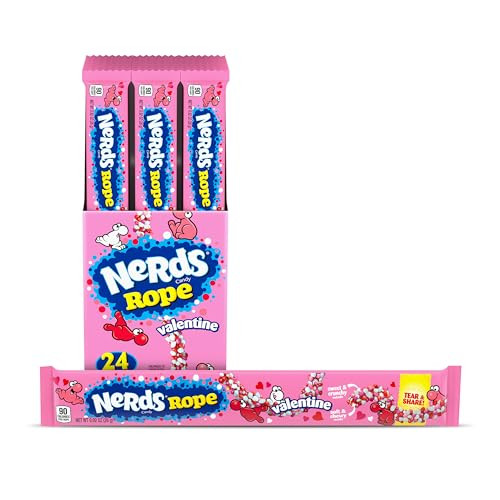 NERDS Rope Valentine Candy, Sweet and Sour Candy, Individually Wrapped, Valentine's Day Pink, White, and Red Rope Colorful Candy, 0.92oz, Pack of 24 | Amazon (US)