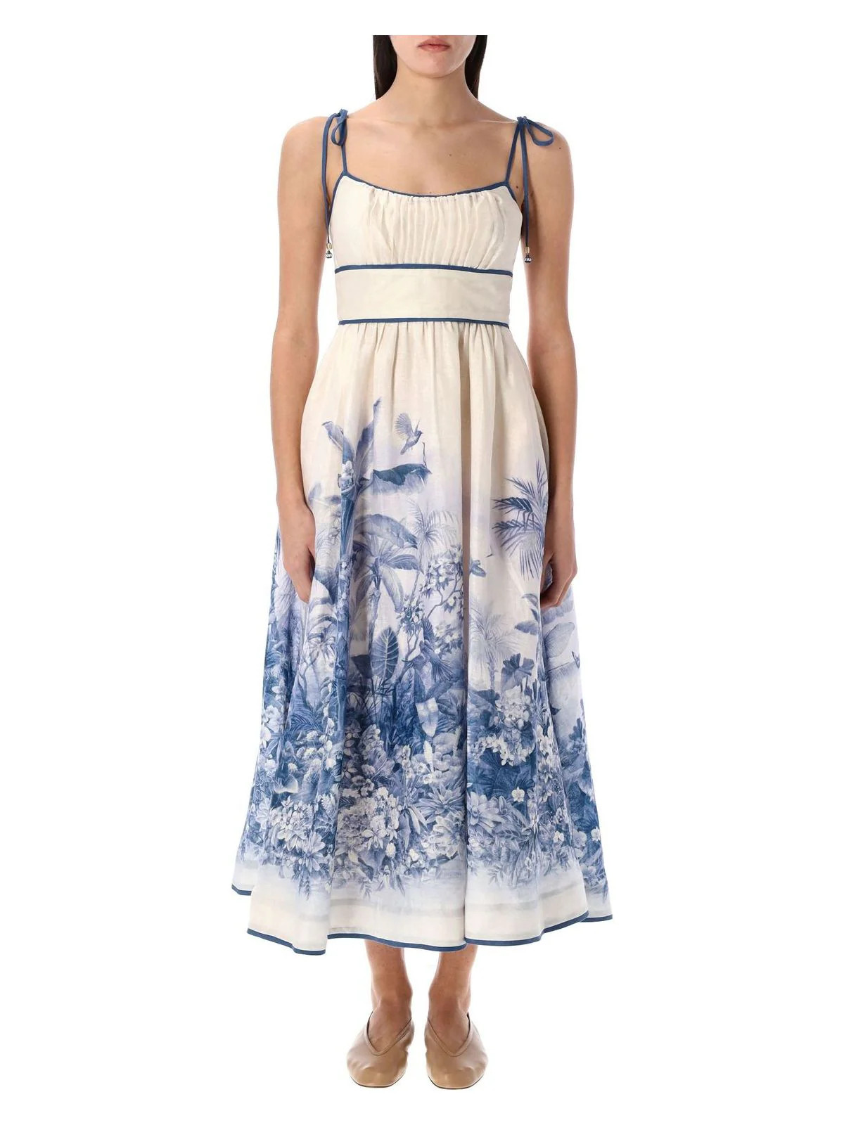 Zimmermann Women's Wylie Picnic Midi Dress in White Blue Palm | Size 1 | 25P1837DRS251 Color BLPLM | LOZURI