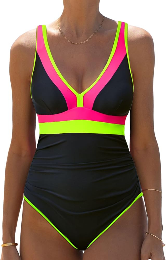 popvil One Piece Swimsuit Women High Waisted Deep Vneck Color Block Bathing Suit Neon Tie Back Sw... | Amazon (US)