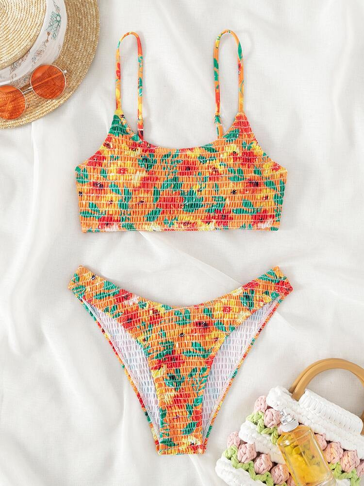Floral Print Smocked Bikini Swimsuit | SHEIN