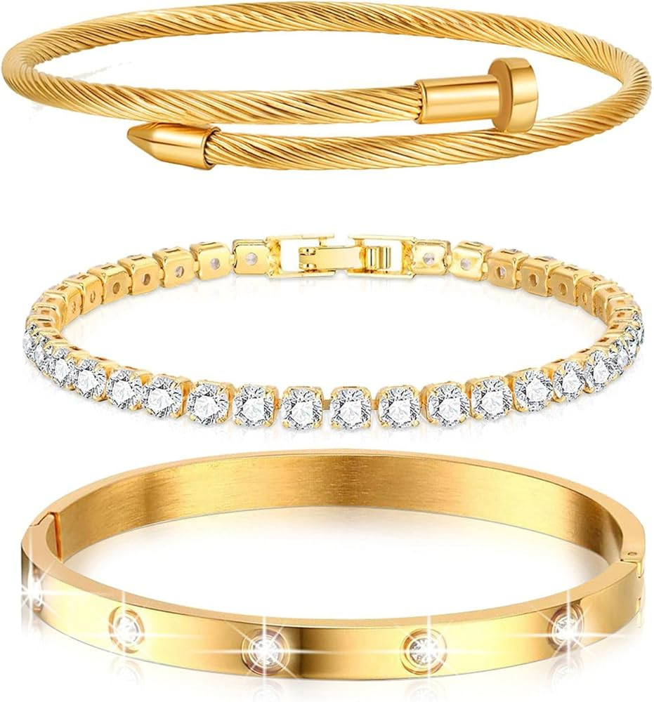 18 K Gold Plated Love Bangle Bracelet Set,Gold Bracelets for Women Waterproof,Bracelets Stack Tar... | Amazon (US)