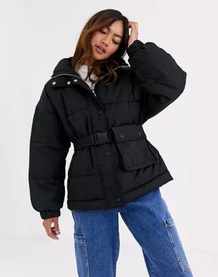 Pull&Bear belted puffer jacket in black | ASOS US