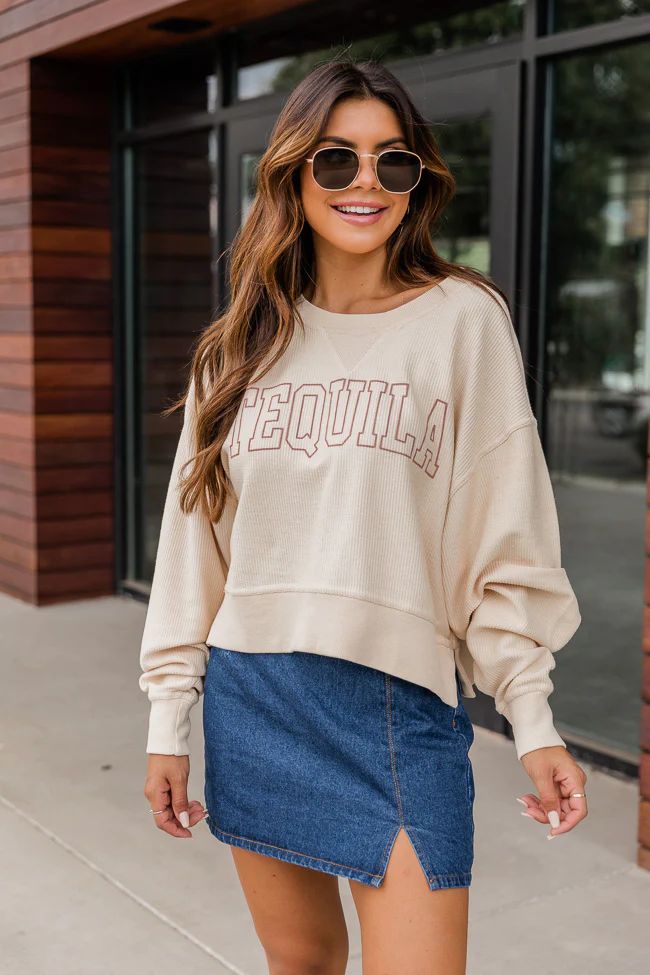 Tequila Block Cropped Corded Graphic Cream Sweatshirt | The Pink Lily Boutique
