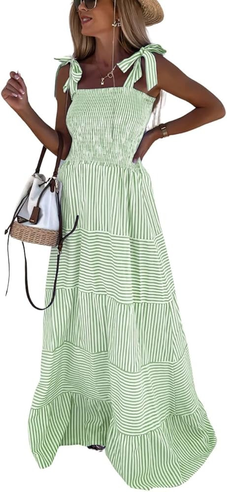 chouyatou Women's Sexy Tie Strap Striped Smocked Maxi Dress Ruffle Tiered Flowy Swing Long Dress ... | Amazon (US)