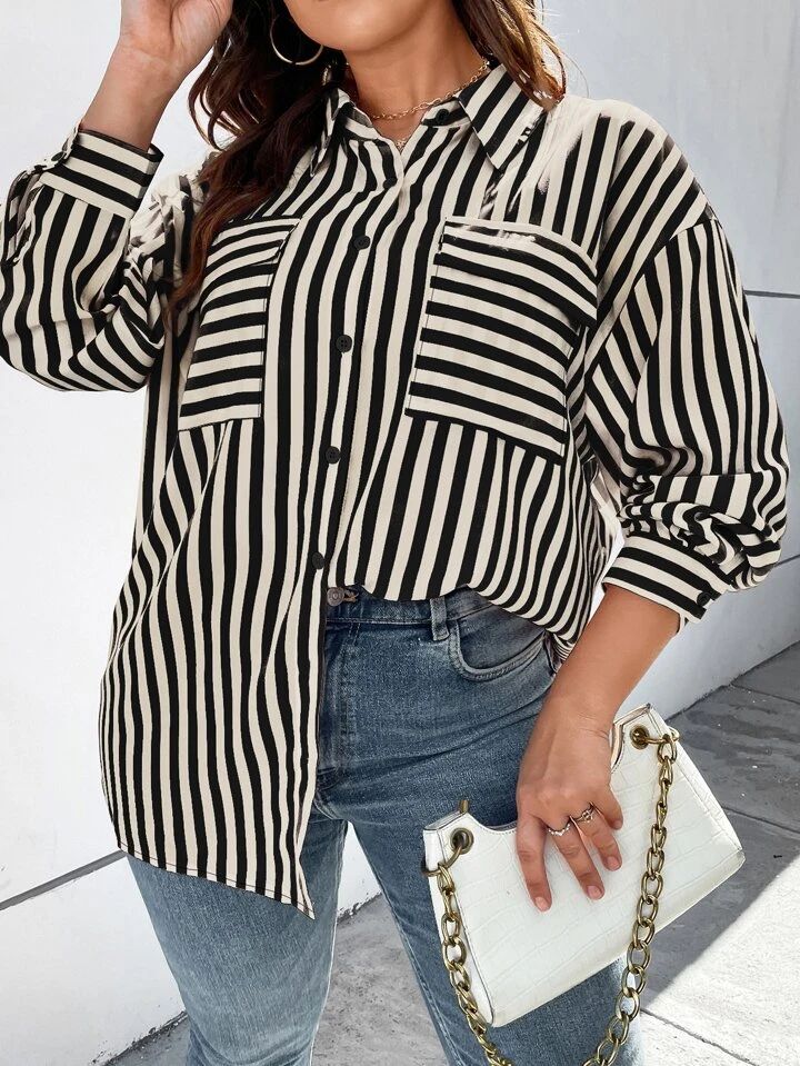 SHEIN Frenchy Plus Striped Print Drop Shoulder Shirt | SHEIN