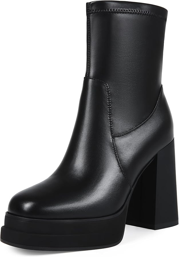Women's Platform Ankle Boots Chunky High Heel Square Toe Stretch Short Gogo Combat Boots Booties ... | Amazon (US)