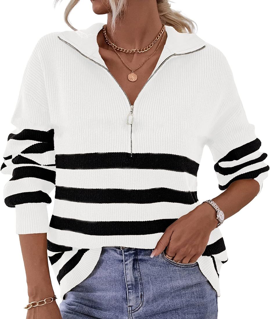 BTFBM Women 2023 Casual Long Sleeve Zip Striped Pullover Sweaters V Neck Collar Ribbed Knit Fall Win | Amazon (US)