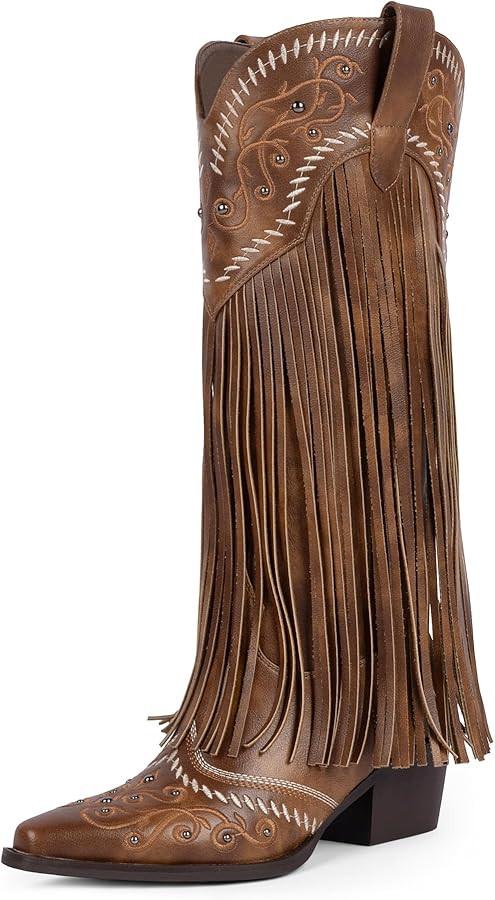 Modatope Cowboy Boots for Women Fringe Knee High Boots Embroidered Cowgirl Western Pointed Toe Ch... | Amazon (US)