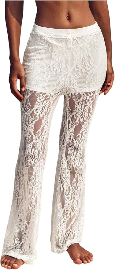 Women's Floral Lace Sheer Mesh Flare Pants Elastic High Waisted Long Trousers | Amazon (US)