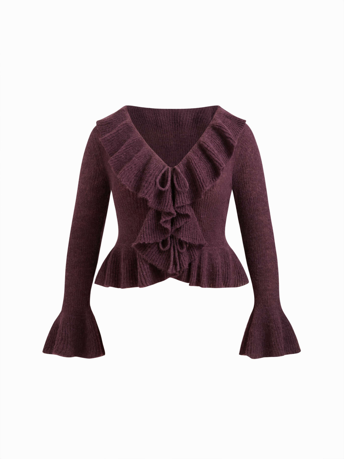 Knit Fabric Knit Mohair-blend V-neck Long Sleeve Tie Front Ruffle Split Cardigan Curve & Plus For... | Cider