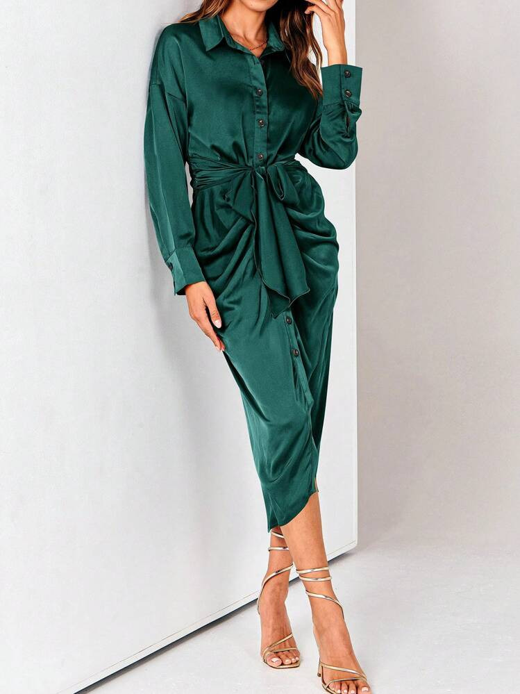 Women's Elegant Satin Silky Button Long Sleeve Midi Dress Solid Color Dress Spring Fall Autunm La... | SHEIN